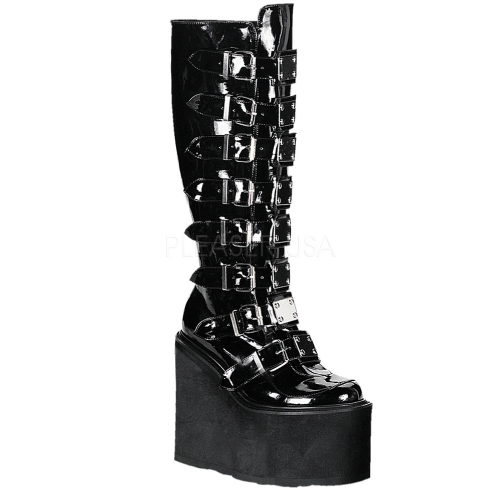 Black Patent Goth Wedge Platform Knee High Boots